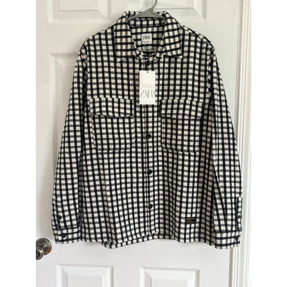 Zara Men's Flannel Shirt Jacket Size M Black White Gingham Button Up Over-shirt - Picture 4 of 10